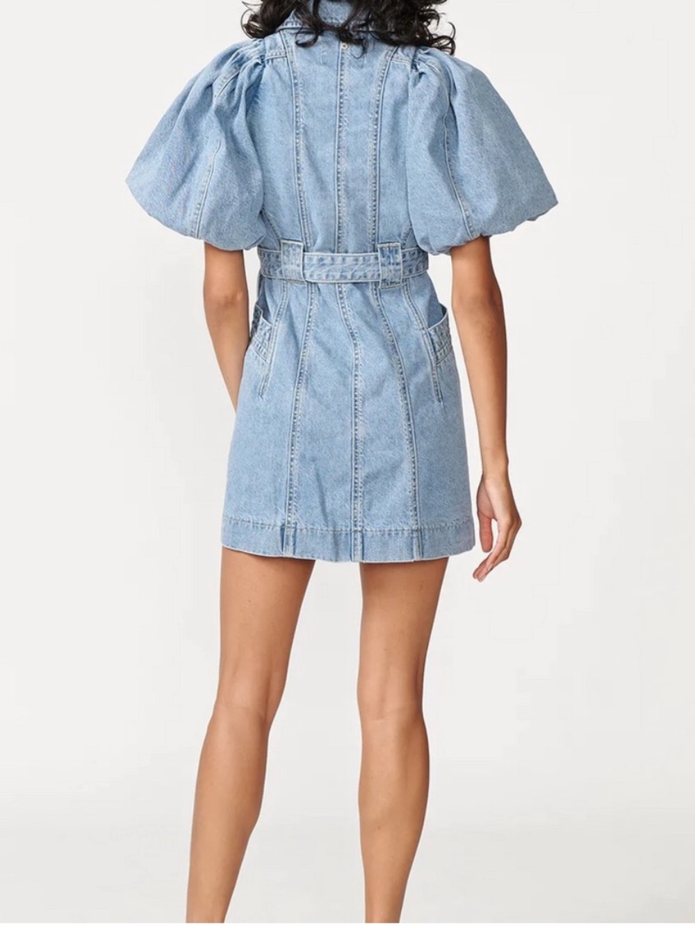 Celia Puff-Sleeve Denim Mini Dress in Light Blue - Picture 7 of 9